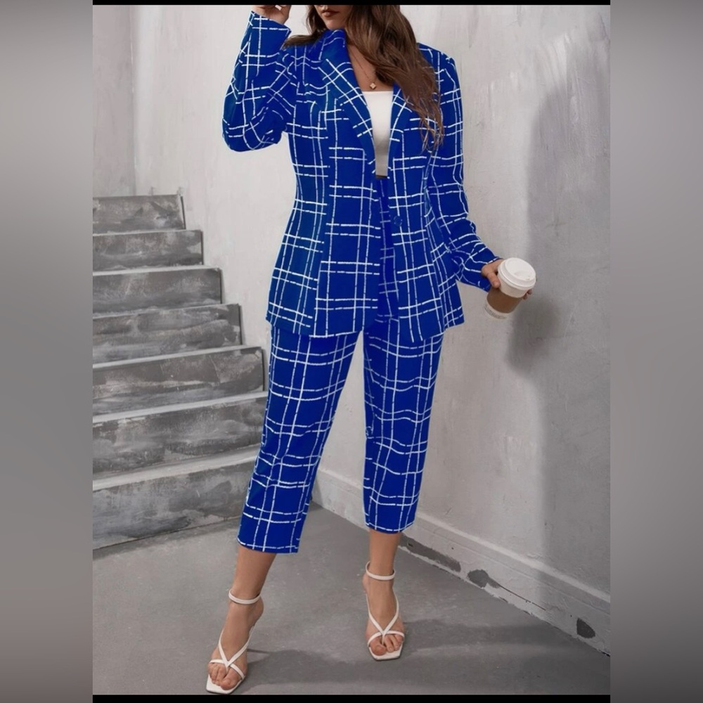 royal blue grid suit. Pants and matching blazer.